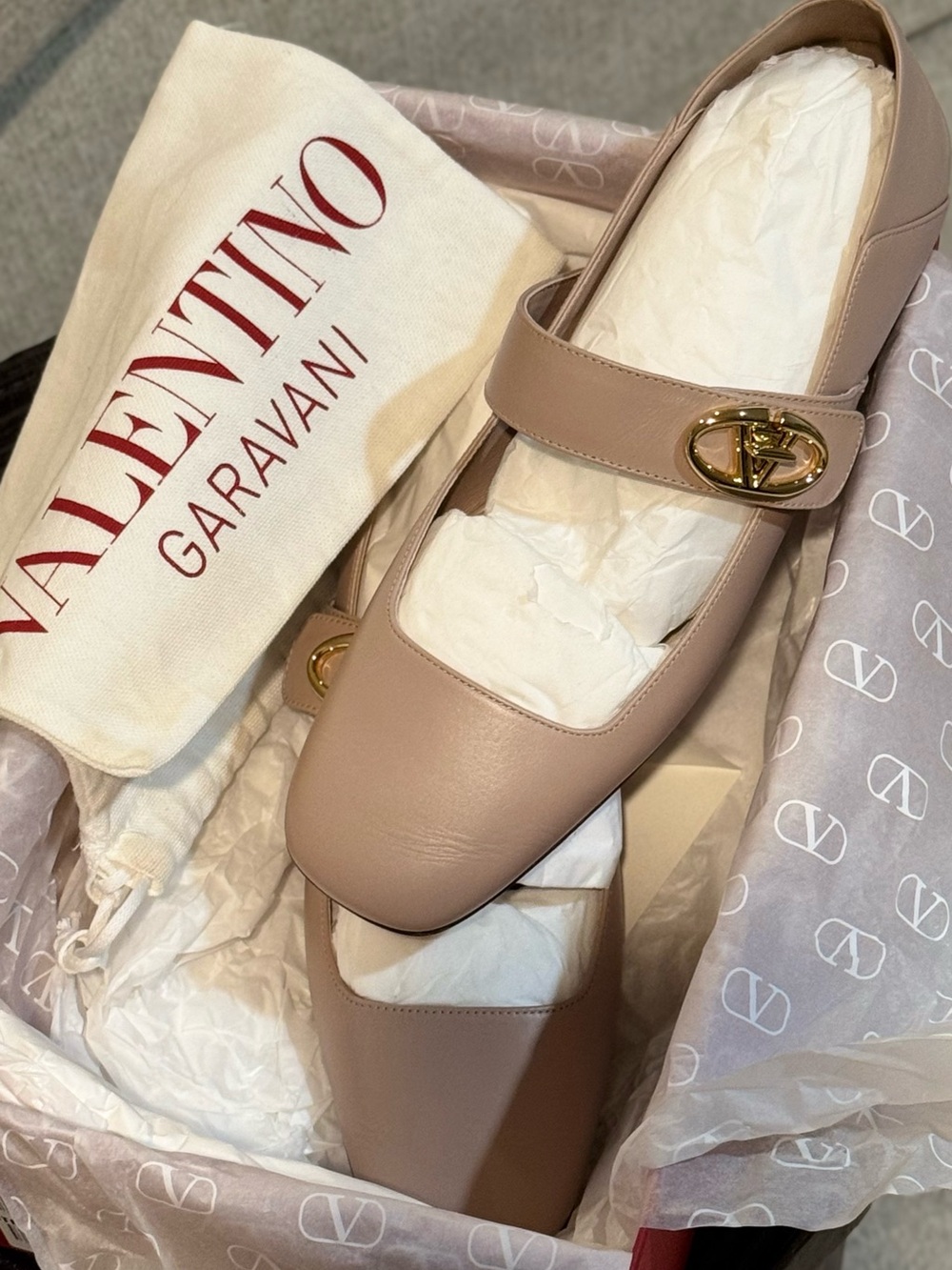 Valentino Garavani Blush Pink Leather Mary Jane Flats with Gold Logo